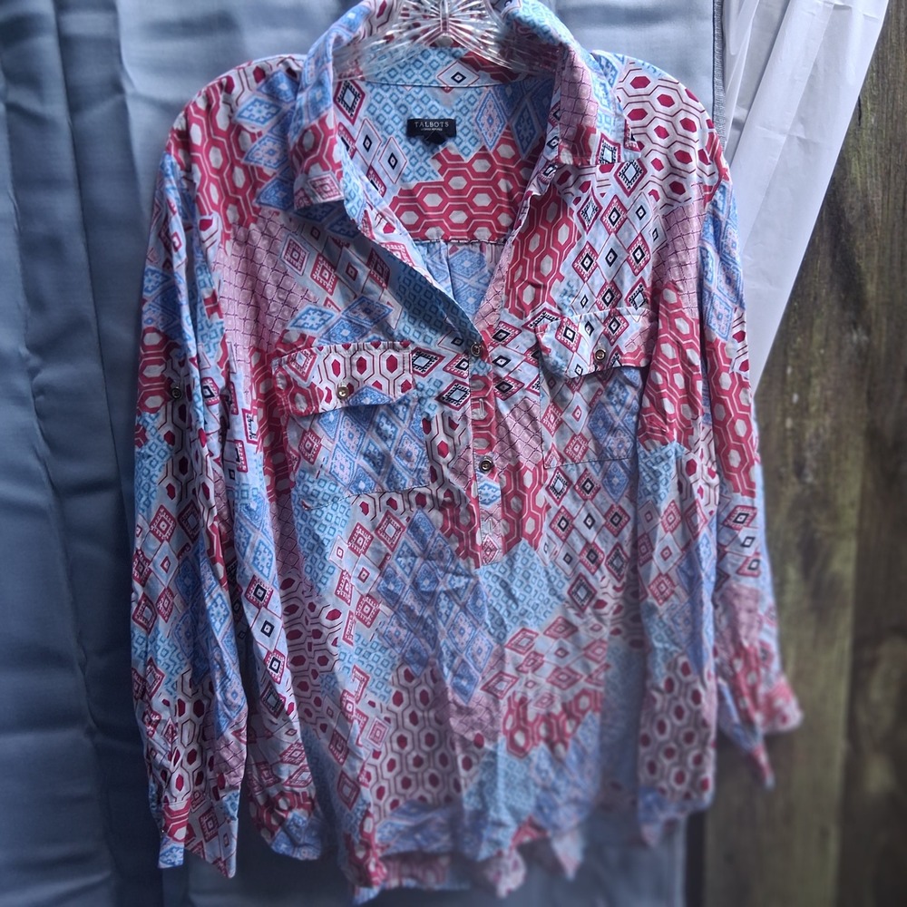 Talbots Women's 2X Petite Pullover Tunic Geometric Print‎ Long Sleeve Blouse